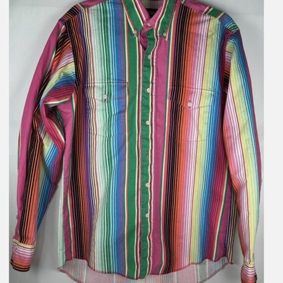 Vtg Wrangler Brushpopper Pink Bright Striped Shirt Sz 16 35 Western Cowboy USA - Picture 1 of 5